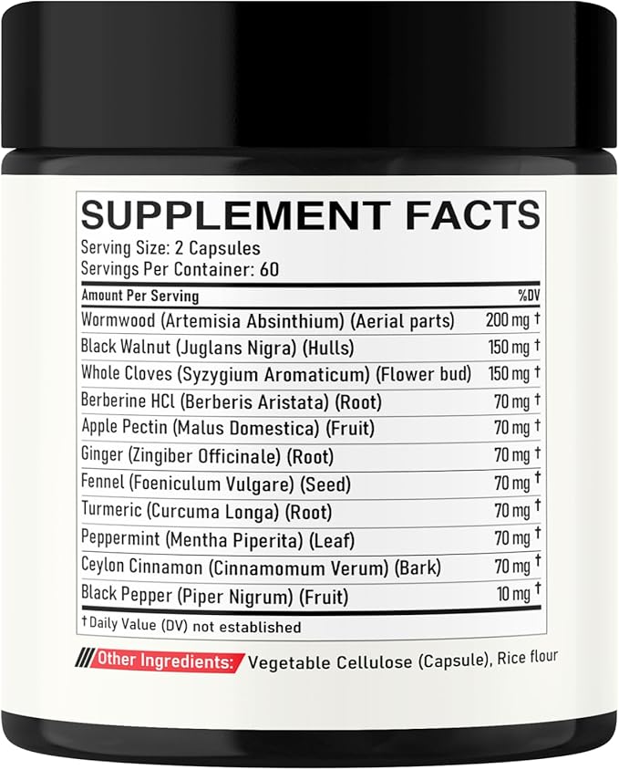 Wormwood Supplement - 120 Capsules Extracted from Black Walnut, Cloves, Turmeric, Apple, Berberine HCl & More - 11 Ingredients Combined for Digestive Health, Immune System - 2-Month Supply