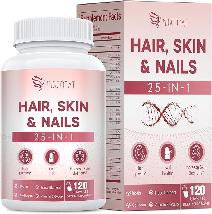 Biotin 10,000mcg | Collagen | Hyaluronic Acid | Vitamin B, C, D3, E, Folate, Iron, 25-in-1 Formula Hair, Skin & Nails Supplement, Hair Growth Support, Skin & Nails Complex for Women