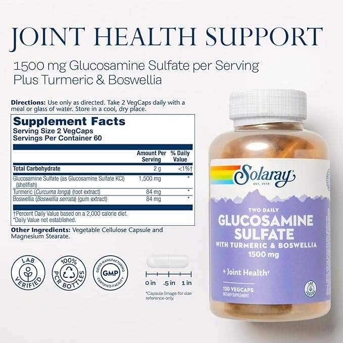 SOLARAY Glucosamine Sulfate 1500mg, Healthy Joint Support Supplement, Powerful Connective Tissue and Joint Health Formula with Turmeric & Boswellia, 60-Day Money Back Guarantee, 60 Serv, 120 VegCaps