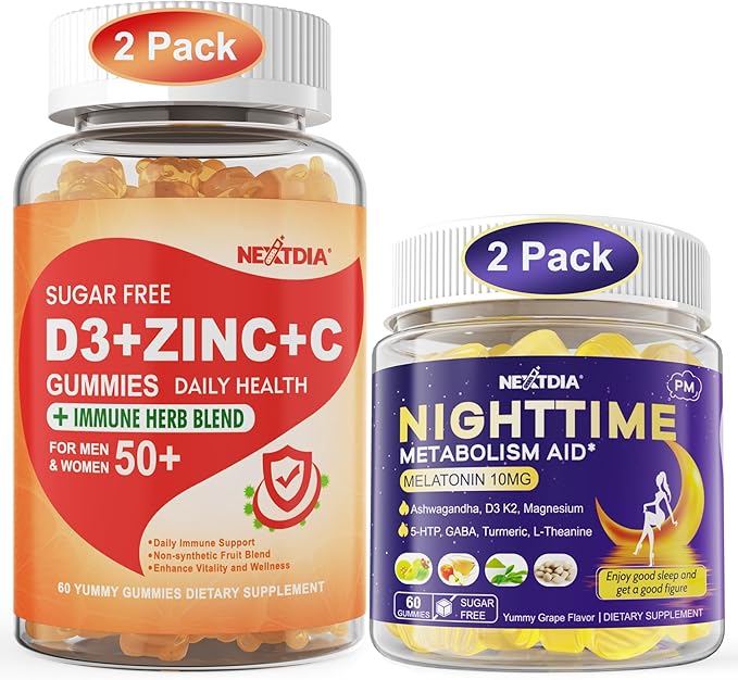 Bundle: Sugar Free Vitamin C + D3 + Zinc Gummies for Adults & Melatonin 10mg 20mg Night Time Metabolism Sleep Gummies