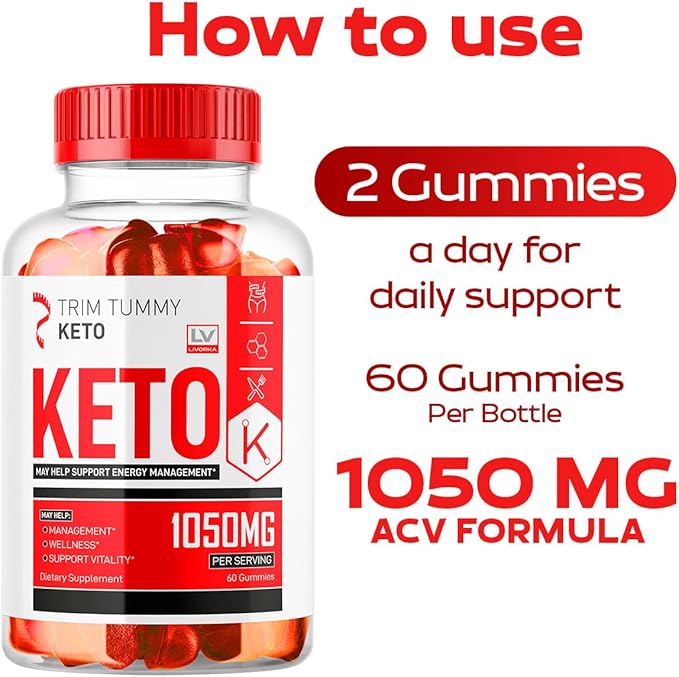 Trim Tummy Keto ACV Gummies 1050MG, Keto Apple Cider Vinegar - Advanced Formula, 60 Gummies for 1 Month