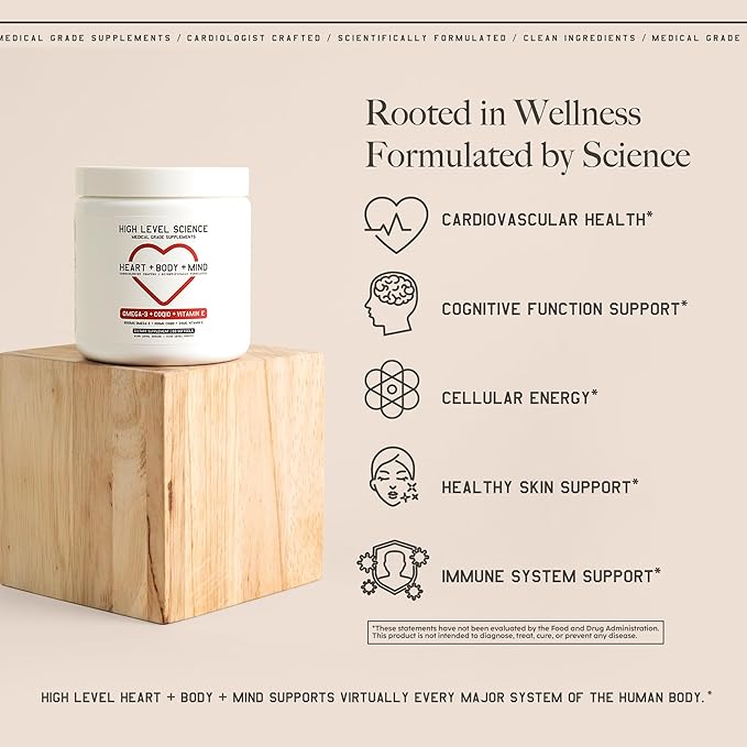 High Level Science Omega 3, CoQ10, Vitamin E for Heart + Body + Mind with DHA/EPA, Antioxidant Supplement for Energy Production, Superior Bioavailable Triglyceride Form - Gluten Free, 60 Softgels
