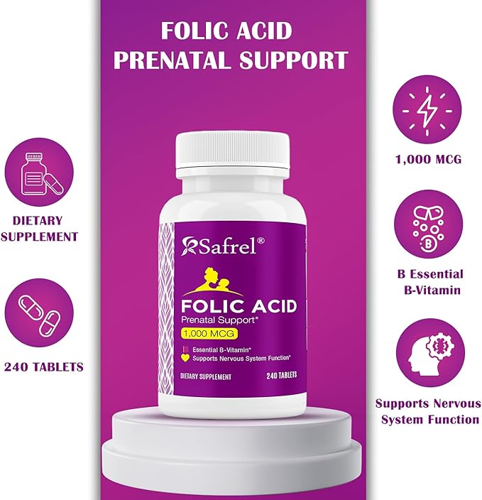 Safrel Folic Acid 1000 mcg (1 mg) - Vitamin B9-240 Tablets, Essential Prenatal and Postnatal Vitamin for Fetal Development, Red Blood Cell Production, Cell and Neural Development | Non-GMO, Vegan