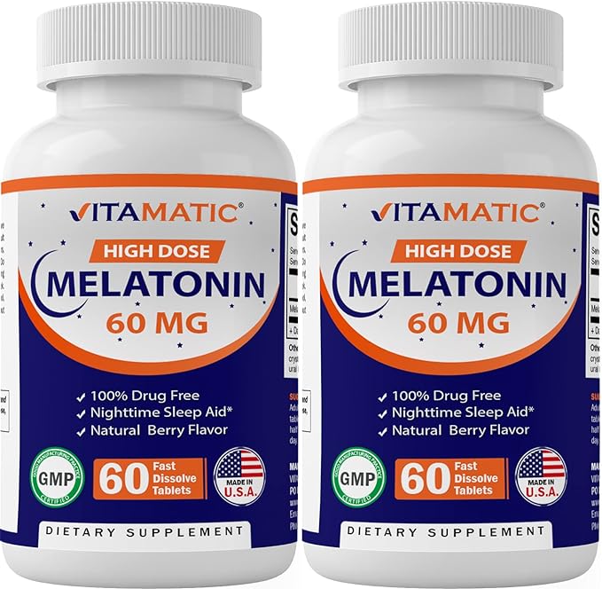 Vitamatic Melatonin 60 mg Fast Dissolve Tablets - 60 Vegan Natural Berry Flavor Tablets - Non-Habit Forming - Non-GMO, Gluten Free (2 Bottles)