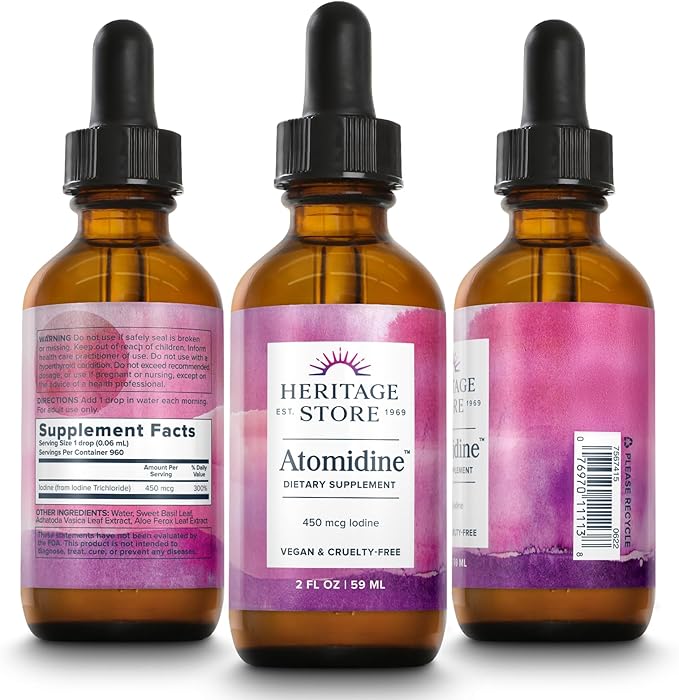 Heritage Store Atomidine 450mcg Liquid Iodine Drops, Electrically Charged Iodine Supplement for Healthy Thyroid Support,* Bioavailable Formula, Vegan & Cruelty Free, Approx. 960 Servings, 2 fl oz