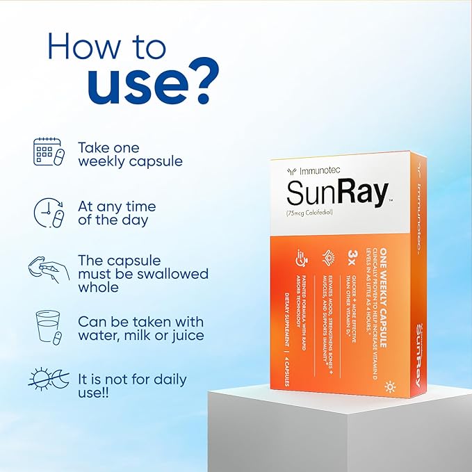 Immunotec Sunray – Calcifediol 75 mcg – Advanced Form of Vitamin D – Once a Week Dose – Superior Absorption - Fast Acting