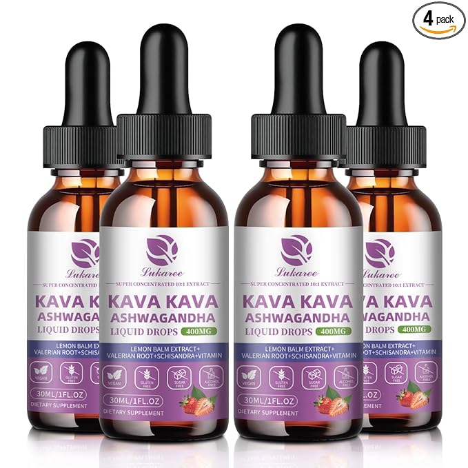 (4 Pack) Kava Kava Root Extract Supplement - Calming High Concentration Kava w/ Ashwagandha, Lemon Balm, Valerian Root for Relaxation, Liver, Cognitive Support & Immune System,Vegan, Alcohol-Free