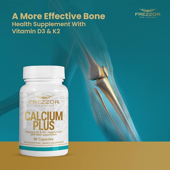FREZZOR Calcium Plus with UAF1000+, New Zealand Natural Raw Calcium Supplement for Bones, Teeth, Gut Health, & Cardiovascular Support, Phosphorus, Magnesium, Collagen, Selenium, 90 Capsules, 1 Bottle