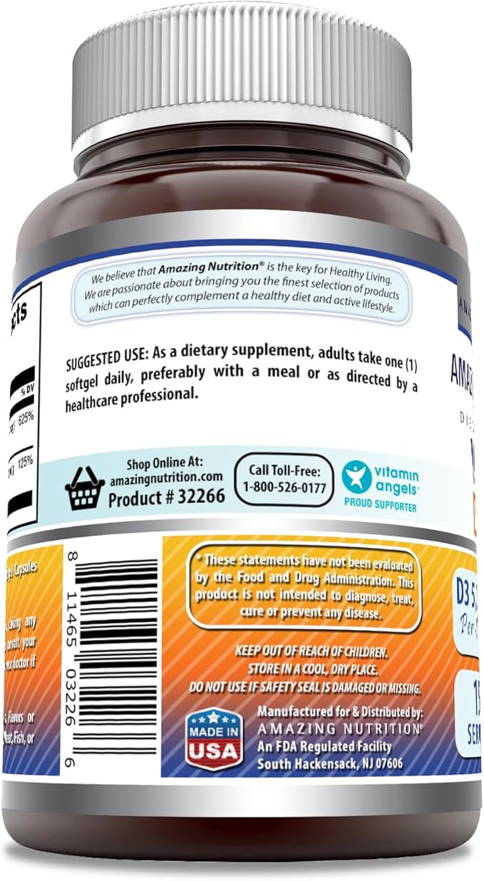 Amazing Formulas Vitamin D3 5000 IU with Vitamin K2 100 Mcg | D3 + K2 Complex Supplement | Softgels | Non-GMO | Gluten-Free | Made in USA (150 Count | Unflavored)