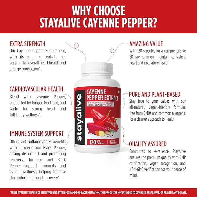 StayAlive Cayenne Pepper Capsules 960mg Super Extract with Ginger, Garlic, Turmeric, Beet Root, Black Pepper, 120 Cayenne Capsules, Support Cardiovascular & Immune System, Capsaicin Supplement Pills