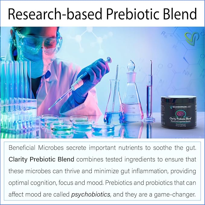 Clarity Prebiotic Blend – Optimize Gut and Mood via The Gut-Brain axis – one Month Supply – Easy to use, one Scoop mixes with Liquid or Food – Vegan, Soy-Free, Gluten-Free, Non-GMO