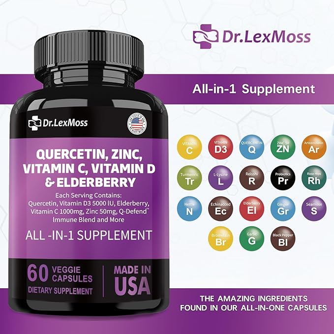 60 Count Quercetin 1000mg Zinc 50mg Vitamin C 1000mg Vitamin D 5000IU Immune System Support Supplement with Echinacea Ginger Bromelain Sea Moss Garlic Nettle Vegan Capsules for Men and Women,USA