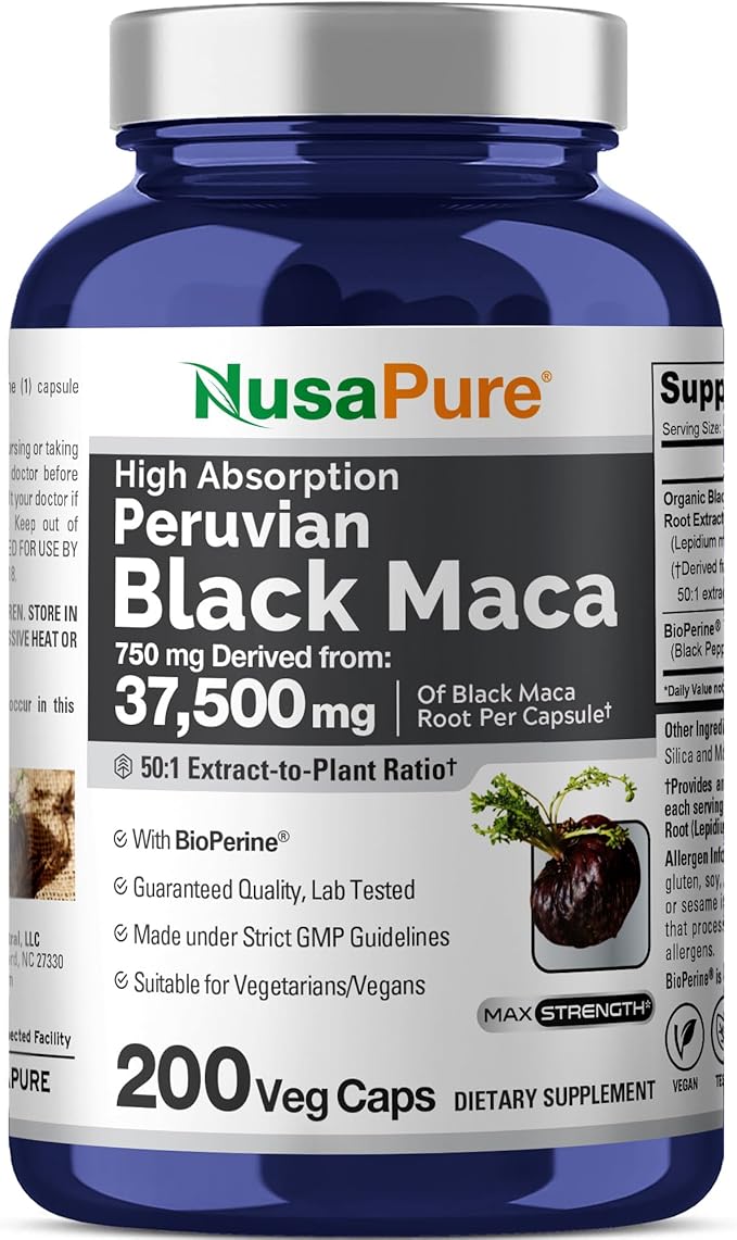 NusaPure Black Maca Root 50:1 Extract, 750 mg Equivalent to 37,500 mg 200 Veggie Per Caps (Vegan, Non-GMO)