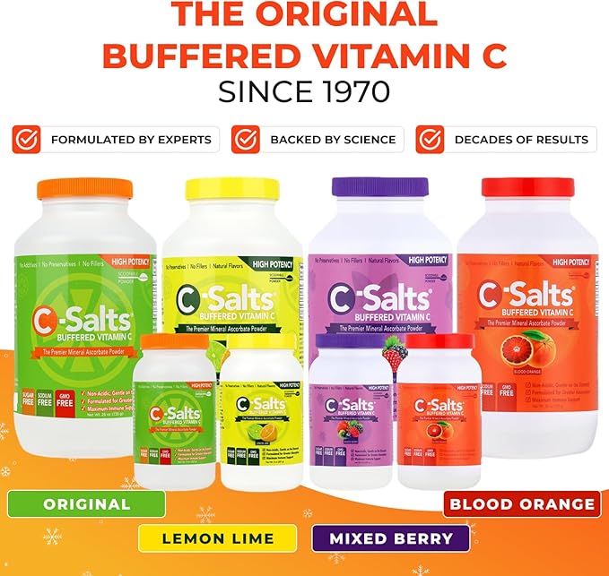 C-Salts Original Vitamin C Powder Supplement - 100% Pure High Dose Buffered Vitamin C Powder for Immune Support - Sugar-Free Powdered Drink Ascorbate, Organic, Stomach-Friendly, Blood Orange 8oz