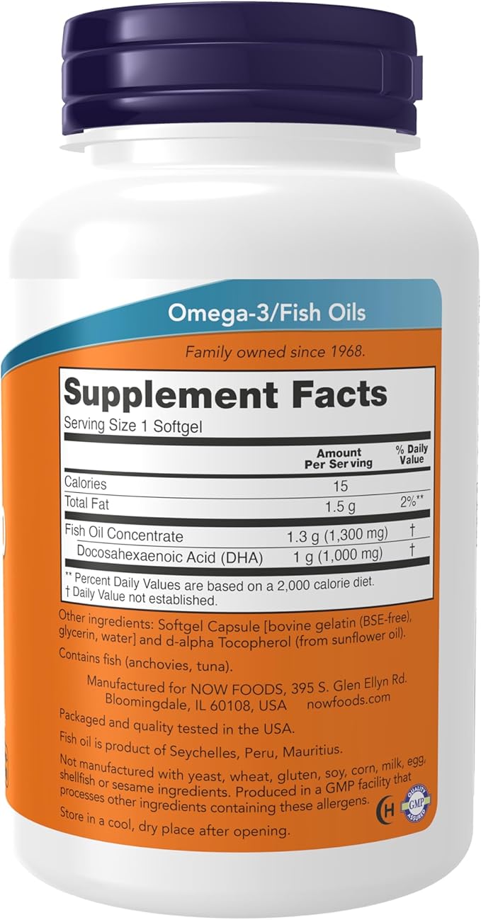 NOW Foods Supplements, DHA 1,000 Brain Support, Extra Strength, 1,000 mg DHA, 90 Softgels