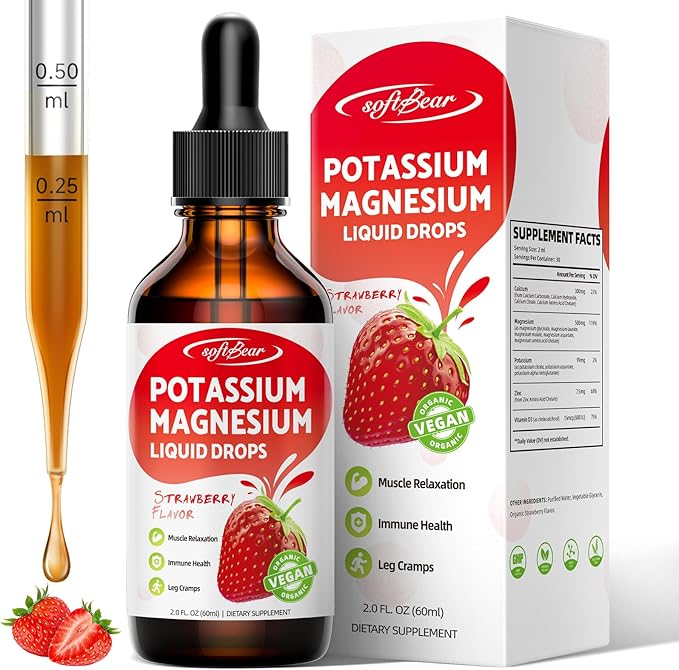 softbear Potassium Magnesium Liquid Drops, High Absorption Calcium Magnesium Potassium Liquid for Bone & Muscle Health Liquid Potassium and Magnesium Supplement Drops Strawberry Flavor 2 Fl Oz