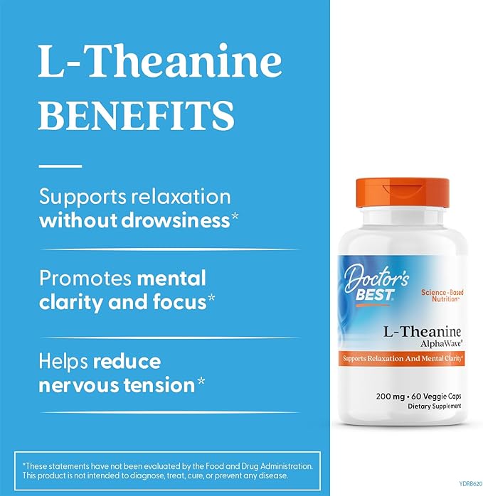 Doctor's Best L-Theanine AlphaWave, Supports Relaxation and Mental Clarity, Non-GMO, Gluten Free, Soy Free, Vegan 60 Veggie Caps