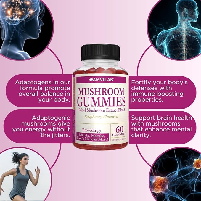 Mushroom Gummies,Raspberry Flavored, 60 Gummies 1 Month Supply