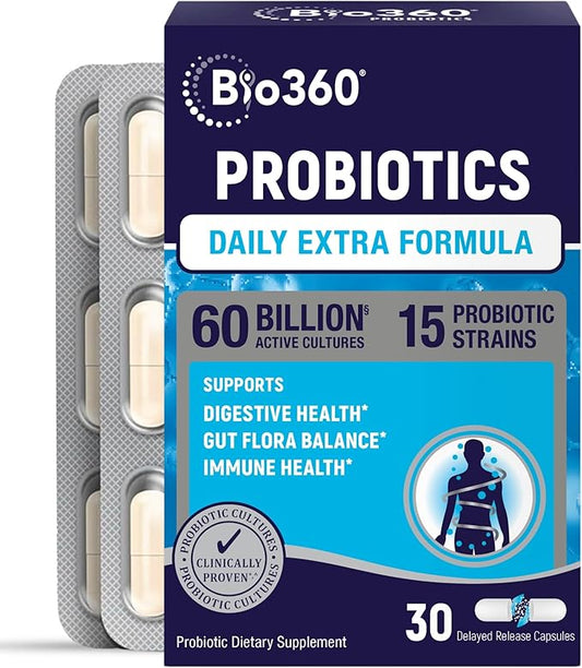 Extra Strength Probiotic for Digestive Health and Immune Support, 60 Billion CFU & 15 Strains, Gut Health Probiotics for Men and Women Supports Occasional Constipation, Diarrhea, Gas & Bloating, 30CT