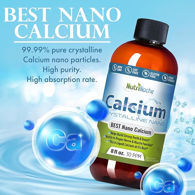 NutriNoche Liquid Calcium Supplement - 99.99% Ultra Pure Crystalline Nano Calcium for Women, Men & Children - Calcium Citrate Alternative - Absorbed at a Cellular Level Sublingually - 30 ppm