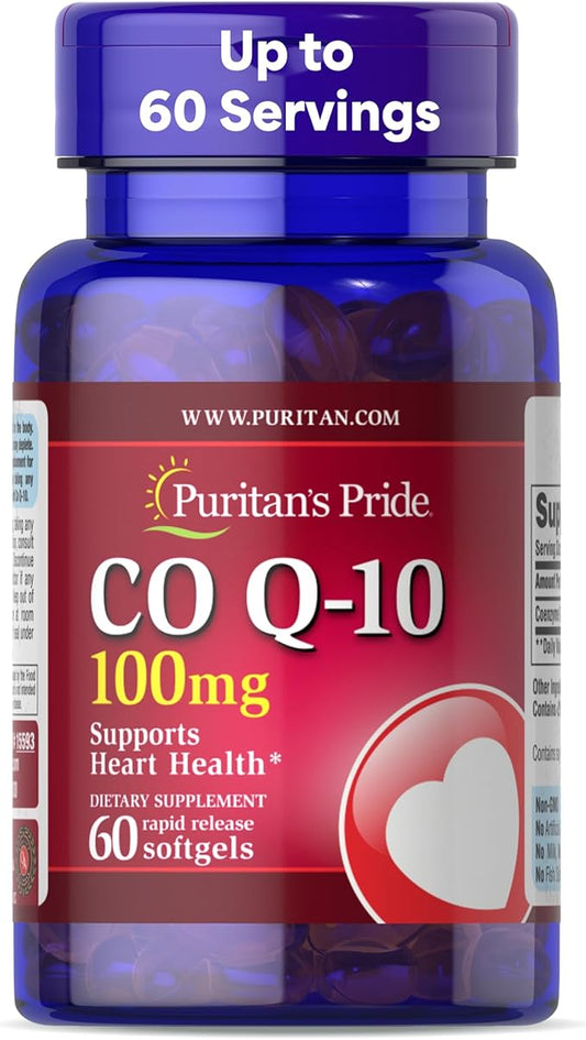 Puritan's Pride Coenzyme CoQ10 100mg, Dietary Supplement for Heart Health, Blood Pressure, Oral Gum Health, and Healthy Aging Support, 60 Servings, Rapid Release Softgels