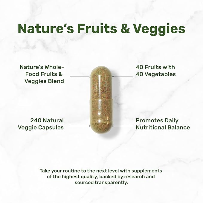 Nature’s Fruits & Veggies Supplement, 240 Veggie Capsules – 80 Whole Food Superfoods for Daily Balance – 40 Fruits with 40 Vegetables and Greens – Non-GMO, Gluten Free