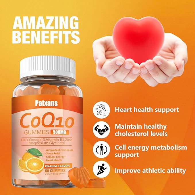 2 Packs 500MG CoQ10 Supplement Gummies, Omega-3, Magnesium, Vitamin B3, Zinc, Ultra High Absorption Provides Healthy Support for Heart, Cell Energy& Antioxidants, Vegan, Non-GMO, 120Cts