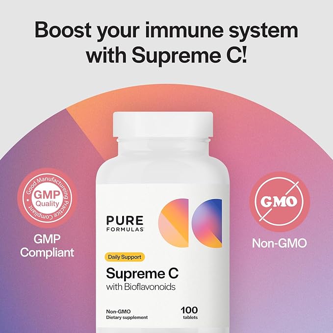 PureFormulas Supreme C with Bioflavonoids - 100 Tablets | 1000 mg Vitamin C, Citrus Bioflavonoids Complex, Rose HIPS | Immune Support & Antioxidant Boost | Allergen-Free