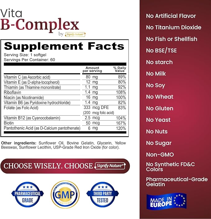 SIGNIFY NATURE VitaBComplex with Vitamin C and E, B Complex Vitamins for Women & Men, BComplex Supplements, VIT B1, B2, B3, B5, B6, B8, B9, B12, Super B Softgels - 60 CT