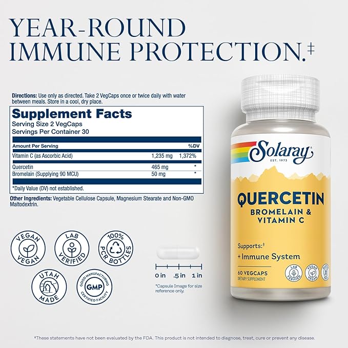 SOLARAY Quercetin with Bromelain and Vitamin C - Immune Support Supplement - Antioxidant and Heart Health Complex with Quercetin 500mg and 1235mg VIT C - Vegan, 60-Day Guarantee, 30 Serv, 60 VegCaps