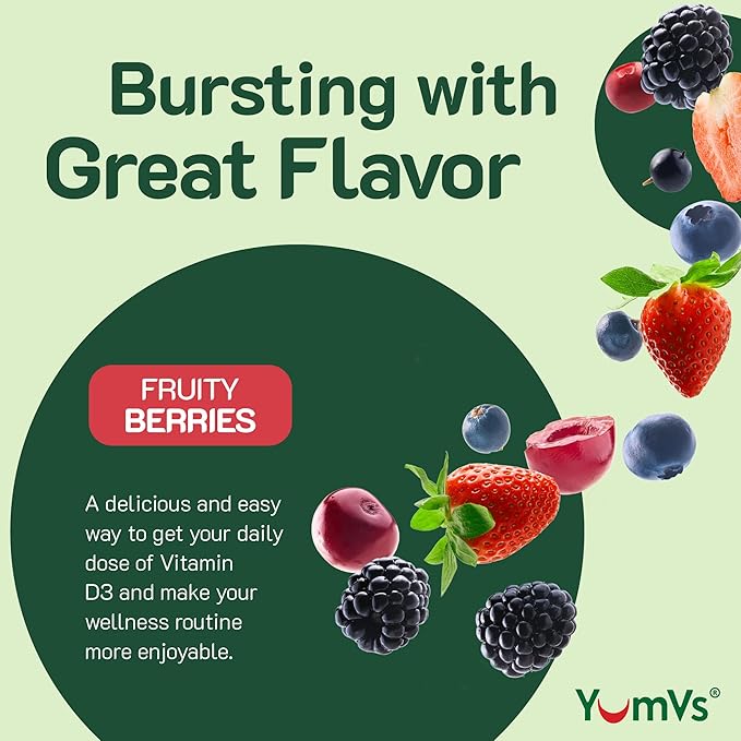 YUM-V'S Vitamin D3 Jellies, Vitamin D 5000 IU, Daily Dietary Supplement, Mixed Berry Flavor Chewable Jellies, Vegetarian, Gluten-Free and Kosher Halal - 60 Count