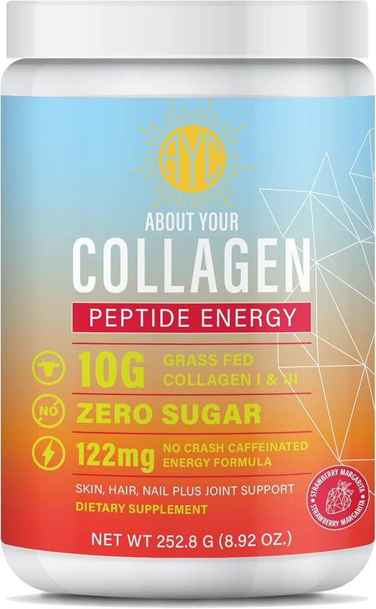 Peptide Energy Collagen Powder Hair, Nail, Skin, Type I & III,Caffeine for Energy, Vitamin C, Biotin, Hyaluronic Acid, Zero Sugar – 8.92 oz (Strawberry Margarita)