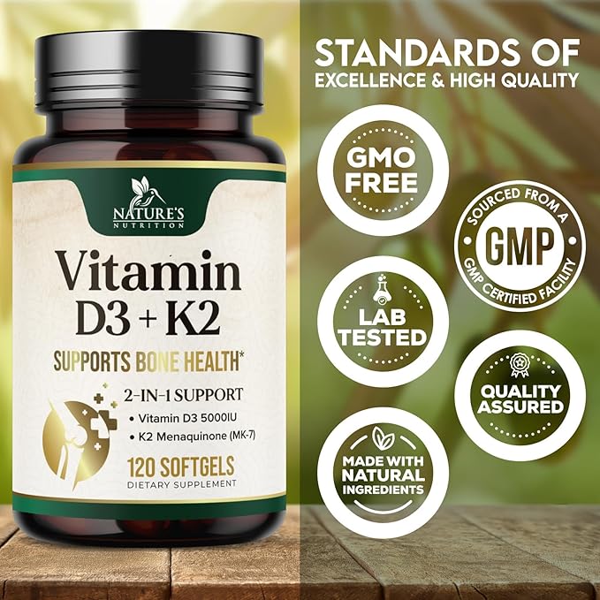 Vitamin D3 K2, 5000 IU Vitamin D3 & 100 mcg Vitamin K2 MK-7 Supplement Supports Immune Health, Bone, Heart & Calcium Absorption - Extra Virgin Olive Oil Softgel, Vitamins D & K Complex - 120 Softgels