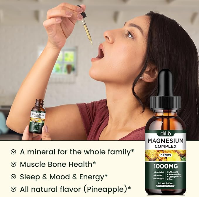 Triple Magnesium Complex Supplement, Magnesium Glycinate, threonate, Citrate Liquid Drops 1000mg with Ashwagandha, CoQ10, Vitamin B6, C, D, Zinc - Vegan Pineapple Flavor