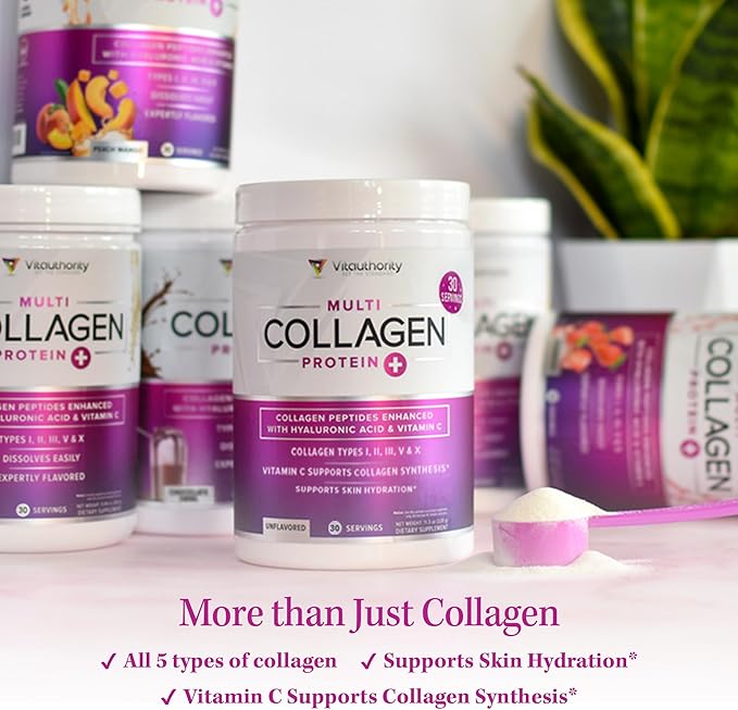 Multi Collagen Peptides Powder for Women - Hydrolyzed Flavored Collagen Powder for Women with Types I II III V & X Vitamin C & Hyaluronic Acid for Hair Skin and Nails (Peach Mango) - 30 Servings