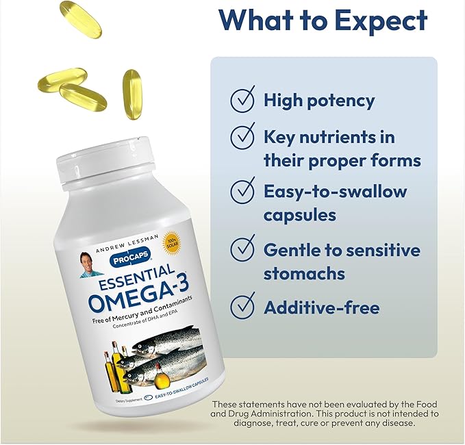 ANDREW LESSMAN Essential Omega-3 Unflavored - 180 Softgels - Ultra-Pure, High Potency Omega-3 Oils. High DHA, No Stomach Upset, No Contaminants, No Mercury. Small Easy to Swallow Softgels