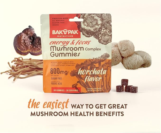 Mushroom Energy&Focus Sugar Free Gummies - Mushroom Supplement with Reishi, Cordyceps, Lion’s Mane, and Ginseng for Natural Energyand Mental Clarity - Natural Horchata Flavor, Gluten-Free, 60 Gummies