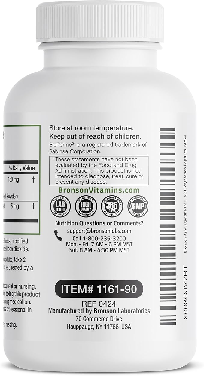 Bronson Ashwagandha Extra Strength Stress & Mood Support with BioPerine - Non GMO Formula, 90 Vegetarian Capsules