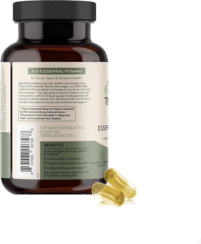 TERRA ORIGIN ADK Essential Vitamin Supplement | 60 Liquid Capsules | High Potency Vitamin A, D 5000 IU, K1 and K2 | Non GMO, Gluten Free, Vegan, Made in USA