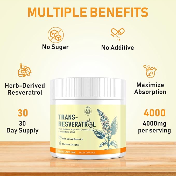Trans-Resveratrol Powder Supplement with Red Wine Extract, Quercetin, Pterostilbene & NAD, 4.23 OZ, 30-Day Serving