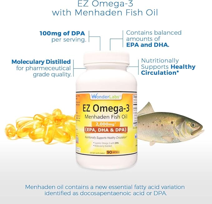 EZ Omega-3 Atlantic Menhaden Fish Oil Supplement 2000 mg, Burpless, Made in The USA, Perfect Balance of EPA+ DHA + DPA 180 Softgels