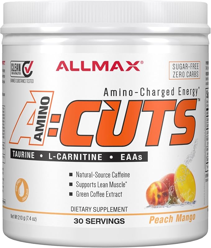 ALLMAX Nutrition AMINOCUTS (ACUTS), Amino-Charged Energy Drink with Taurine, L-Carnitine, Green Coffee Bean Extract, Peach Mango, 30 Servings