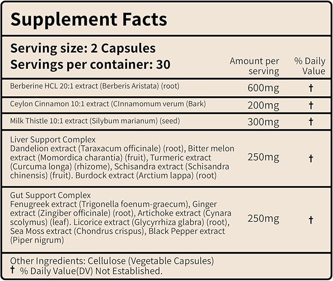 Berberine HCL+ Complex 1600mg - 60 Capsules - Supports Cardiovascular, Liver & Gut Health with Ceylon Cinnamon, Milk Thistle & Gut Blend - Third-Party Tested, Vegan, Non-GMO, Gluten-Free