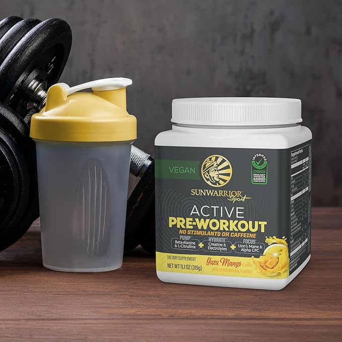 Sunwarrior Pre Workout Powder Energy Drink Non-Stim & Caffeine Free | Vegan Plant-Based Supplement | Pump Hydrate Focus Endurance & Strength Builder | Yuzu Mango Flavored 30 Serving Active Preworkout