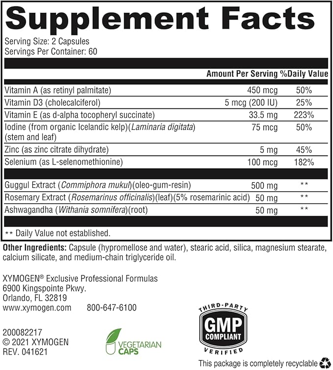 XYMOGEN MedCaps T3 - Thyroid Support Formula with Vitamins + Herbs - Selenium, Zinc, Vitamin E + C, Ashwagandha, Guggul Extract, and Iodine Supplement (120 Capsules)