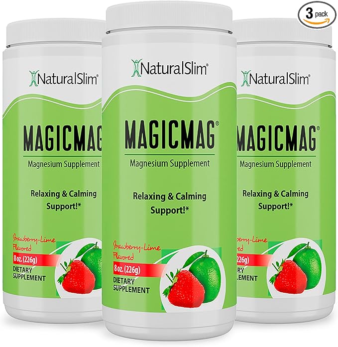 NaturalSlim Magicmag Pure Magnesium Citrate Powder – Stress, Constipation, Muscle, and Heart Support | Natural Strawberry & Lime Flavored Magnesium Supplement - 8oz Drink Mix (3 Pack)