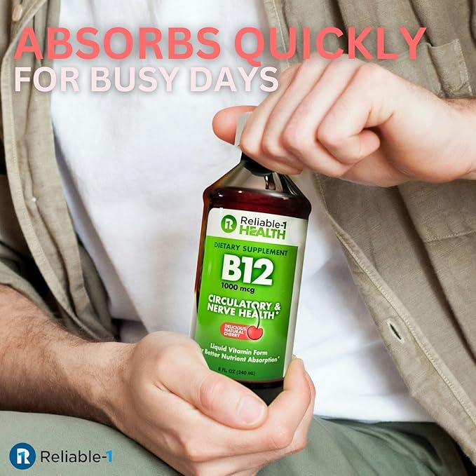 Reliable-1 Laboratories Liquid Vitamin B12 Daily Supplement 1000mcg for Adult Men & Women - Natural Cherry Flavor