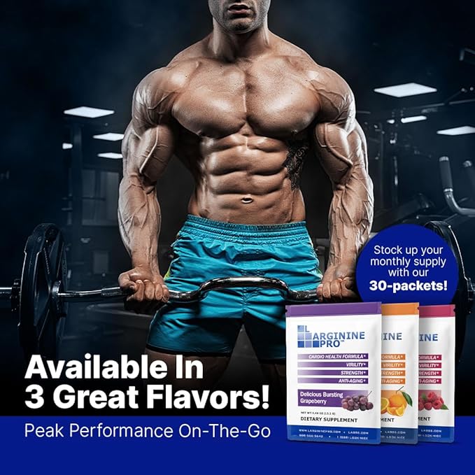 L-ARGININE PRO Supplement Powder | 90 Packets Single Serve Travel Size | 5,500mg of L-arginine Plus 1,100mg L-Citrulline, Raspberry, Orange & Grape