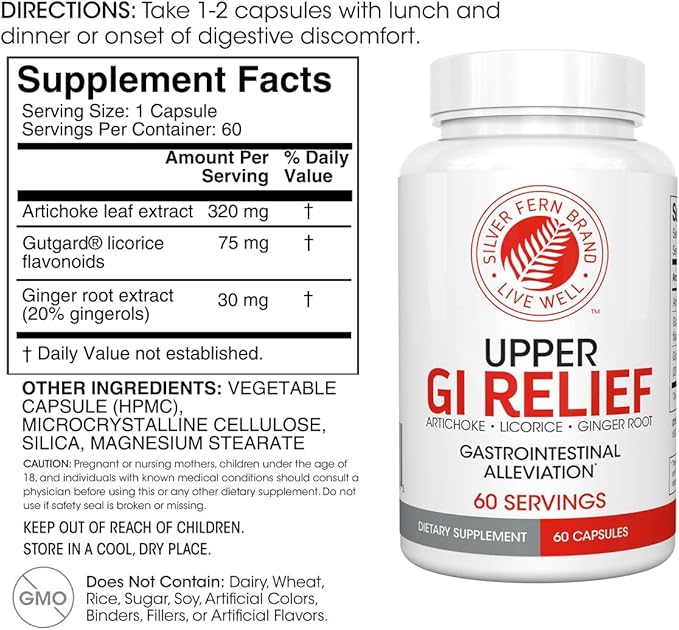 Silver Fern GI Relief - Natural Herbal Supplement - All Natural with Artichoke Leaf Extract, Ginger Root Extract, and GutGuard Licorice Flavonoids (2 Bottles - 120 Capsules - 60 Day Supply)