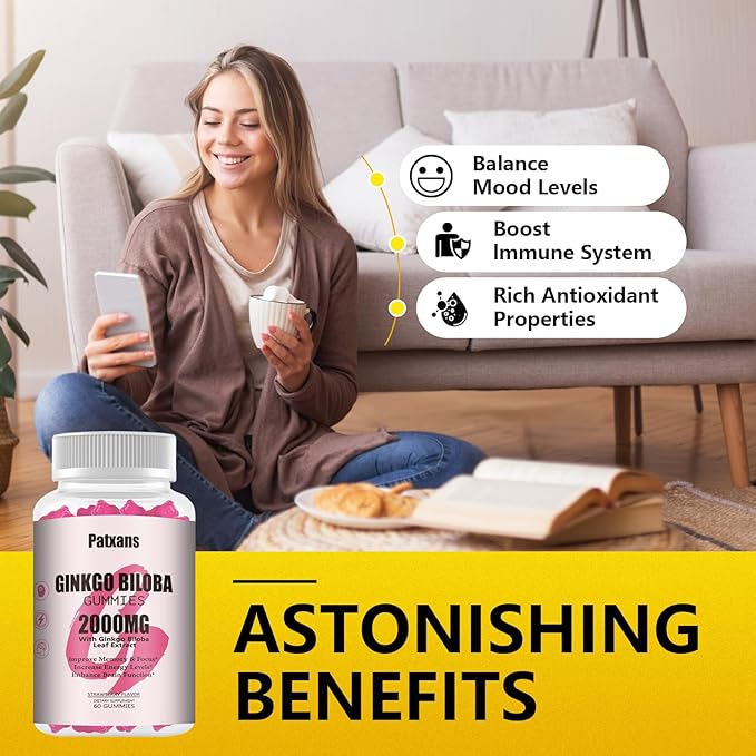 1 Pack 2000mg Ginkgo Biloba Gummies - Ginkgo Biloba Supplements for Brain Health Support, Improve Mood and Focus, Energy, Adult, Vegen, Non-GMO, Strawberry Flavor, 60 Count